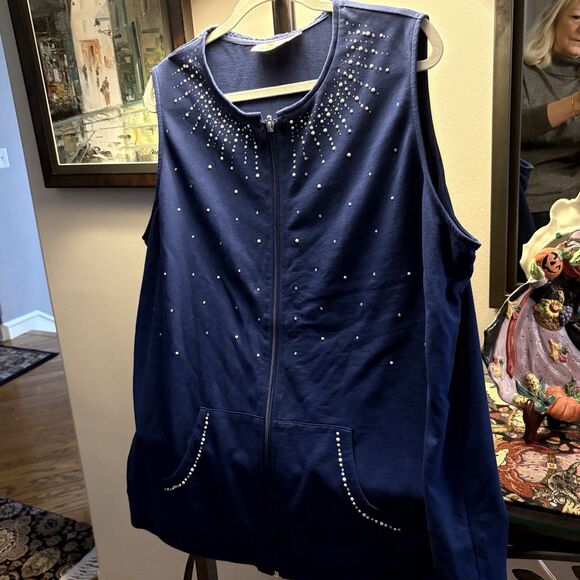 Quacker Factory Womens XL Studded Velour Zip-Up Vest Pockets Relaxed Fit Blue - Picture 9 of 12